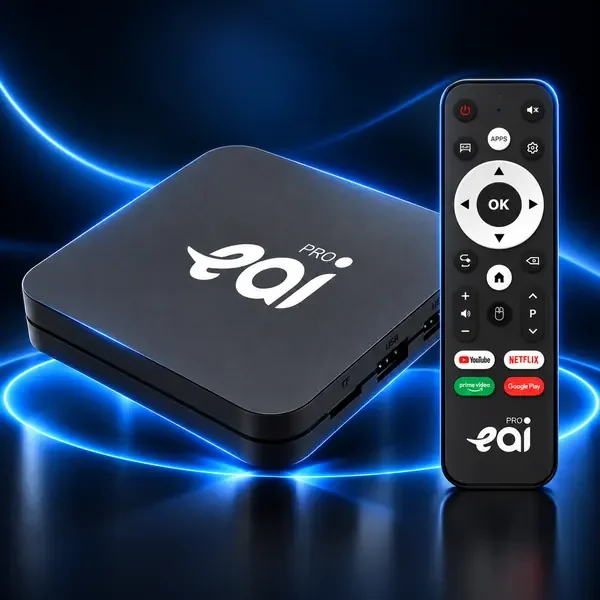 Imagem estilizada do aparelho: Eai TV Pro com controle remoto