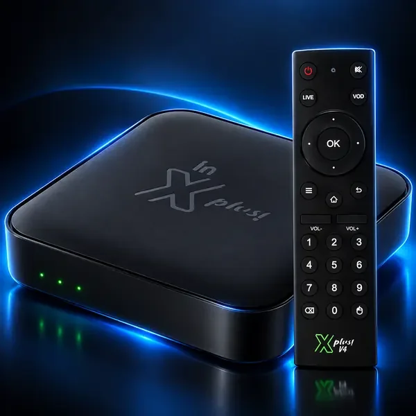 Imagem estilizada do aparelho: X Plus V4 com controle remoto