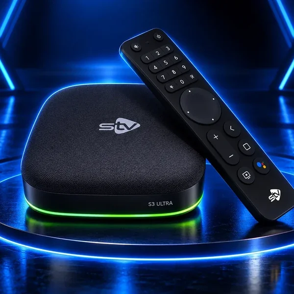 Imagem estilizada do STV S3 Ultra com controle remoto, iluminação azul neon