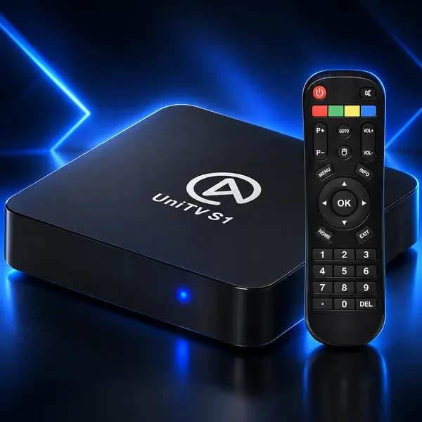 Receptor UniTV S1 com controle remoto, imagem estilizada